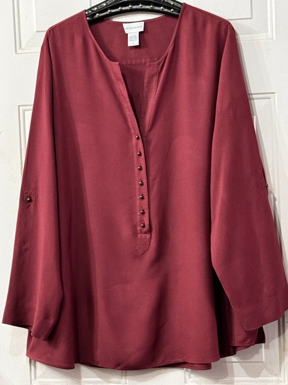 Soft Surroundings Sz 3X Blouse Popover Roll Up Long Sleeve Burgundy Rayon